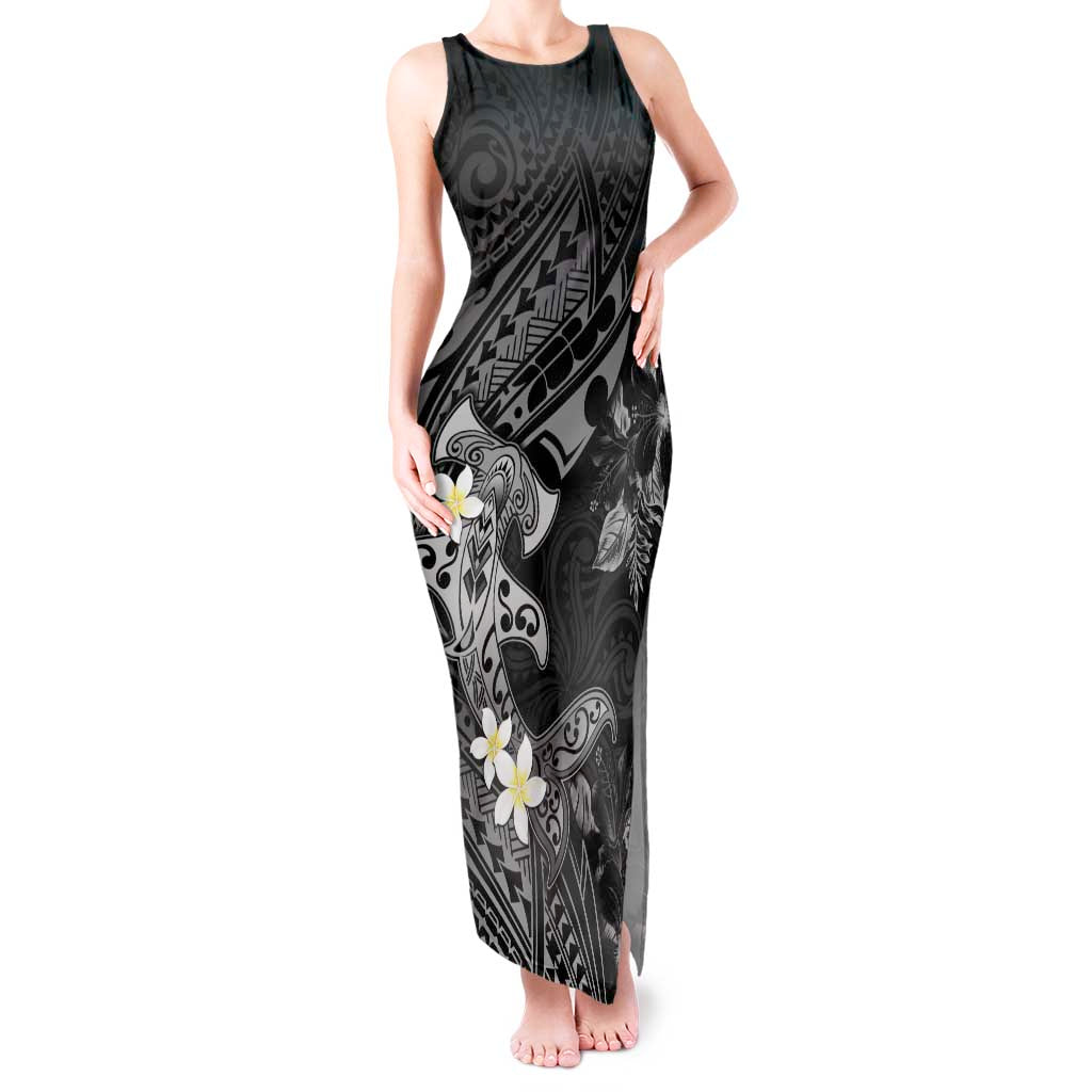Polynesia Hammerhead Shark Tank Maxi Dress Tropical Flowers Tribal Pattern Black
