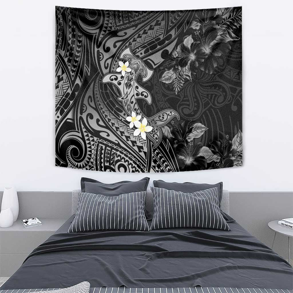 Polynesia Hammerhead Shark Tapestry Tropical Flowers Tribal Pattern Black