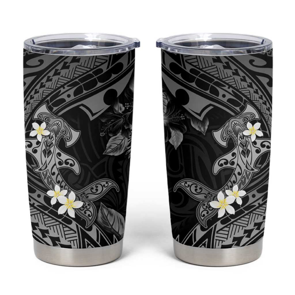 Polynesia Hammerhead Shark Tumbler Cup Tropical Flowers Tribal Pattern Black