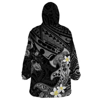 Polynesia Hammerhead Shark Wearable Blanket Hoodie Tropical Flowers Tribal Pattern Black