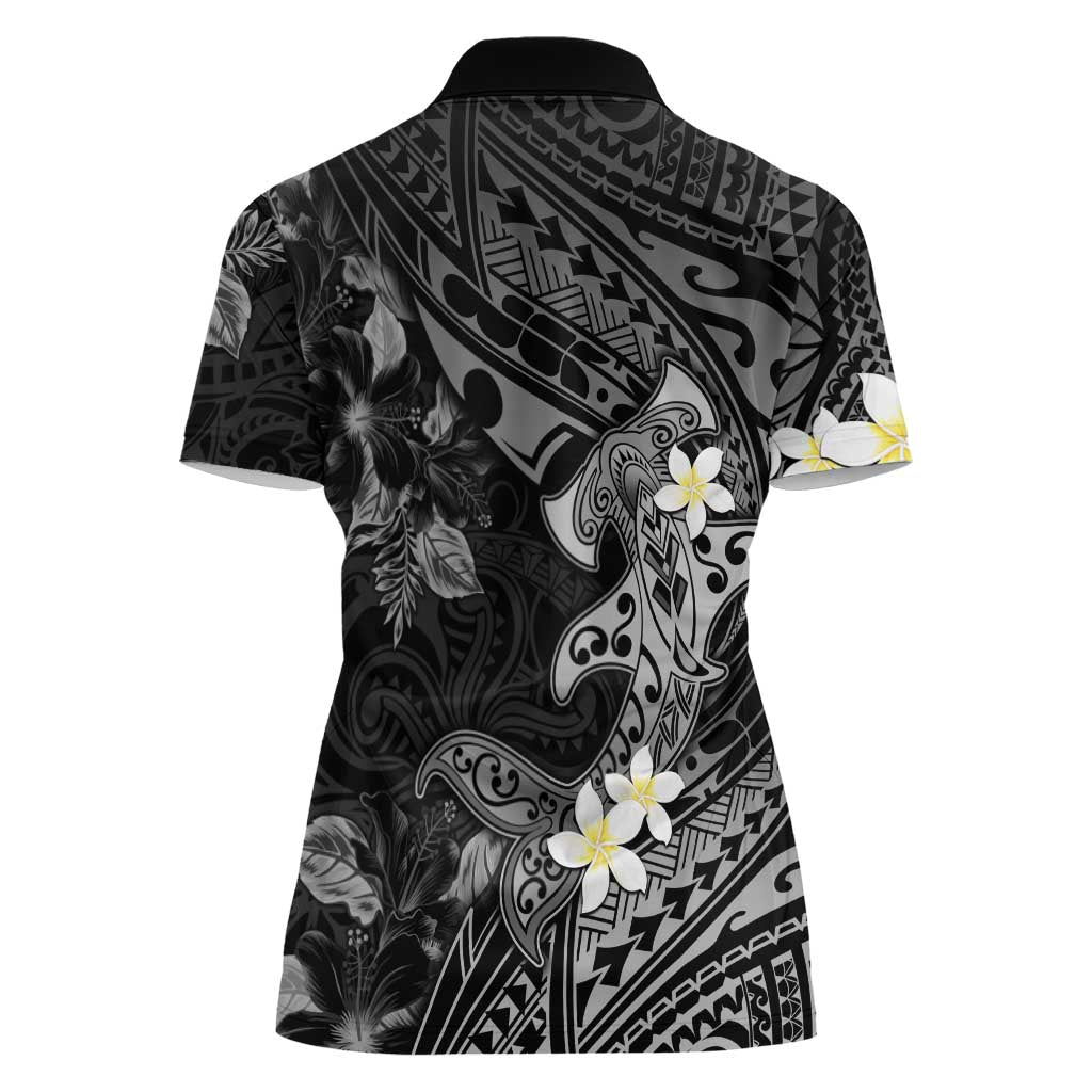 Polynesia Hammerhead Shark Women Polo Shirt Tropical Flowers Tribal Pattern Black
