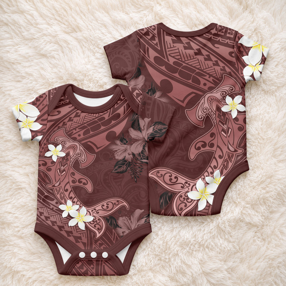 Polynesia Hammerhead Shark Baby Onesie Tropical Flowers Tribal Pattern Oxblood LT05 - Polynesian Pride