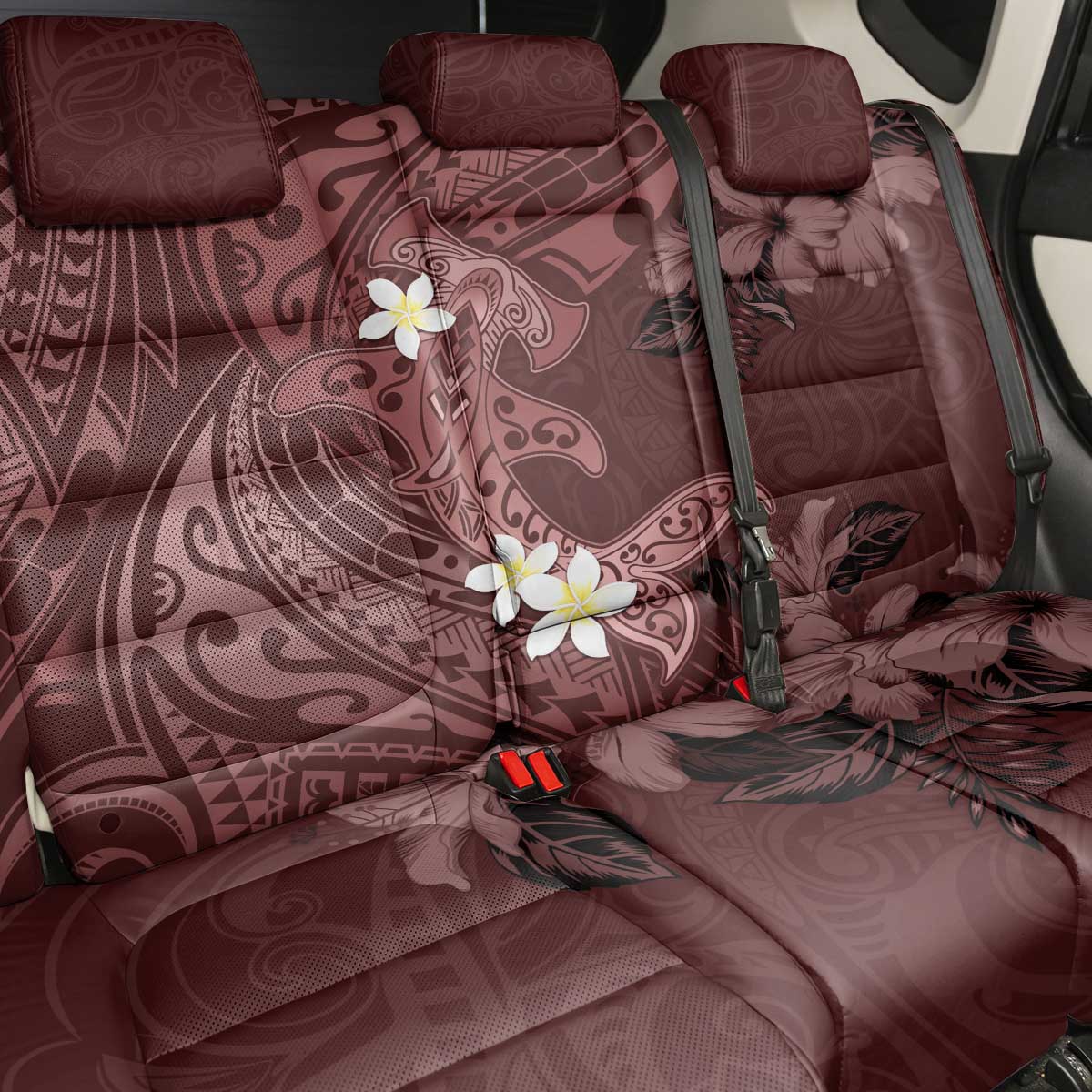Polynesia Hammerhead Shark Back Car Seat Cover Tropical Flowers Tribal Pattern Oxblood