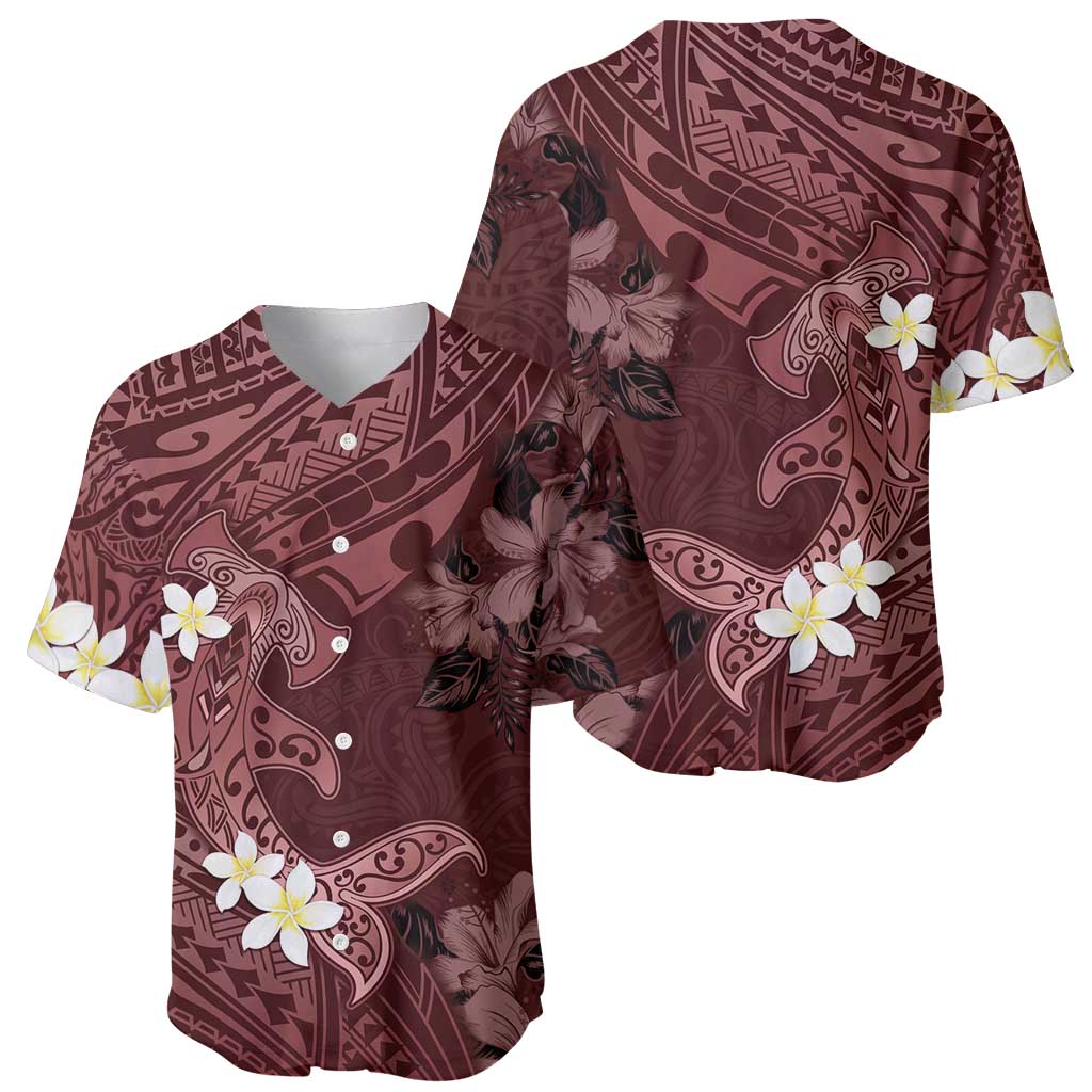 Polynesia Hammerhead Shark Baseball Jersey Tropical Flowers Tribal Pattern Oxblood