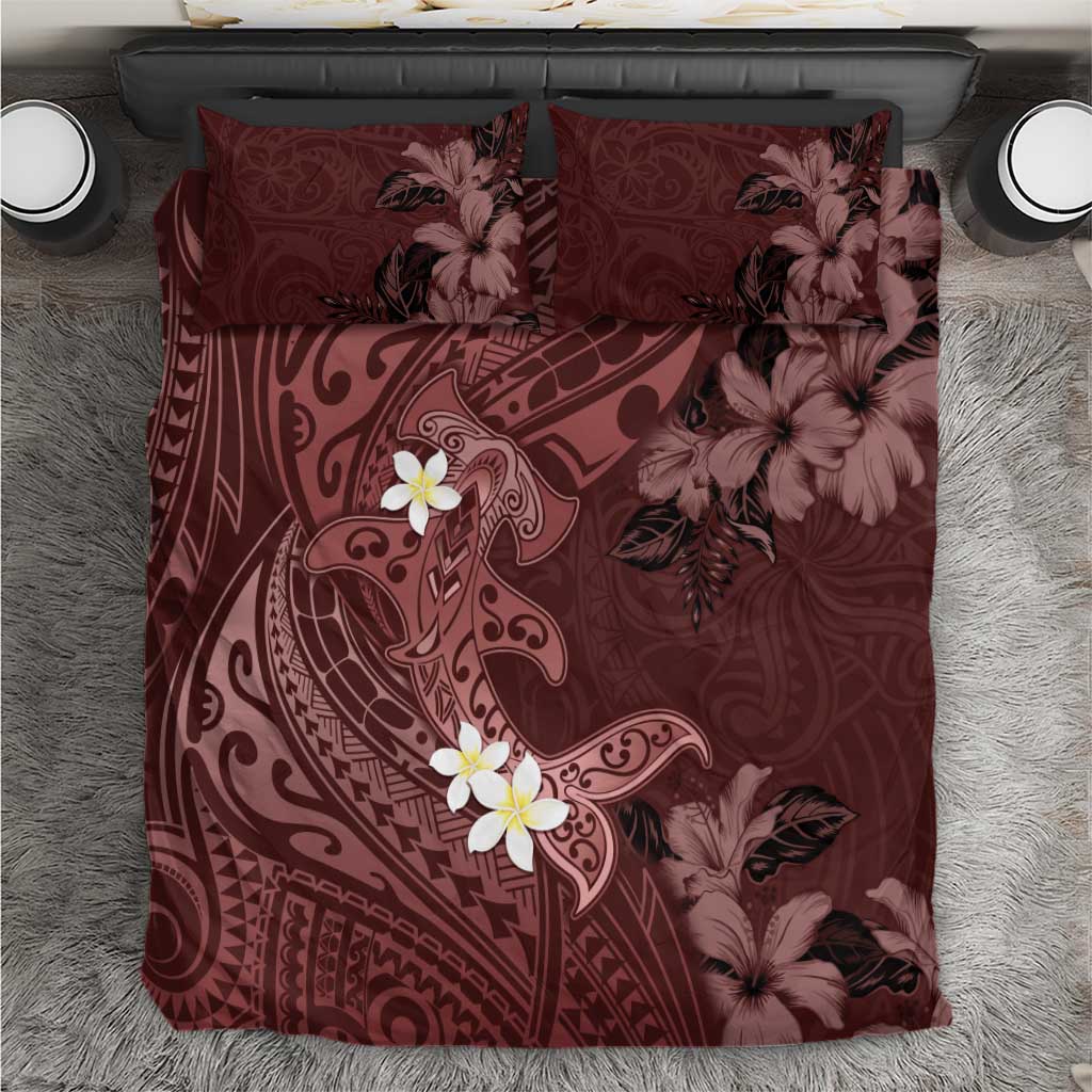 Polynesia Hammerhead Shark Bedding Set Tropical Flowers Tribal Pattern Oxblood