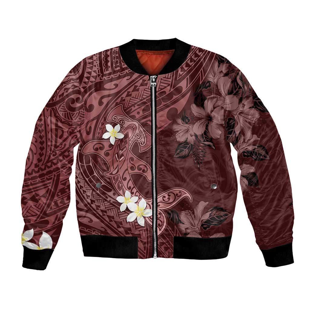 Polynesia Hammerhead Shark Bomber Jacket Tropical Flowers Tribal Pattern Oxblood