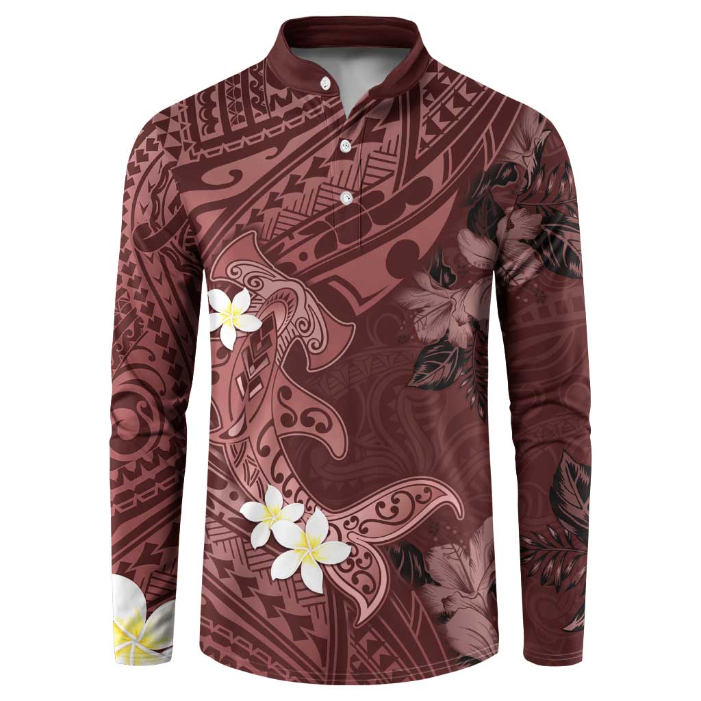 Polynesia Hammerhead Shark Button Sweatshirt Tropical Flowers Tribal Pattern Oxblood