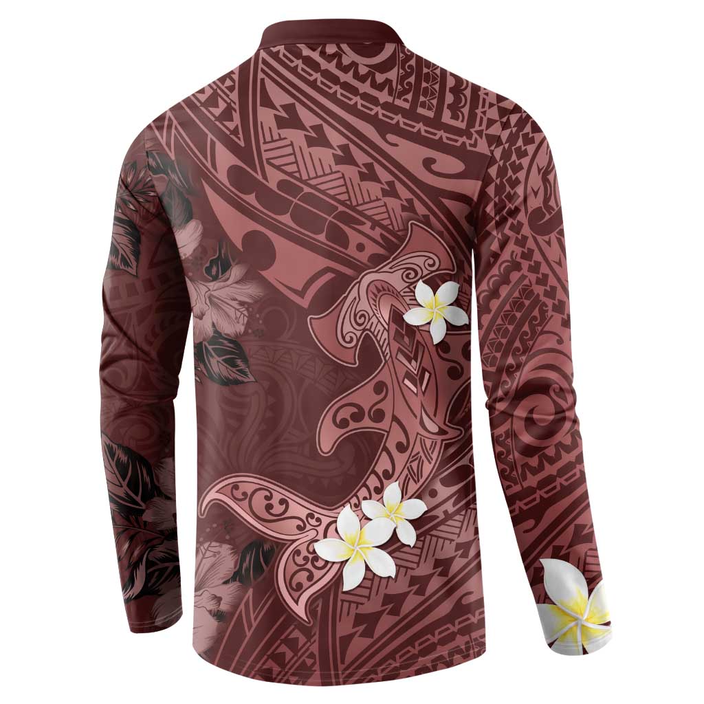 Polynesia Hammerhead Shark Button Sweatshirt Tropical Flowers Tribal Pattern Oxblood LT05 - Polynesian Pride