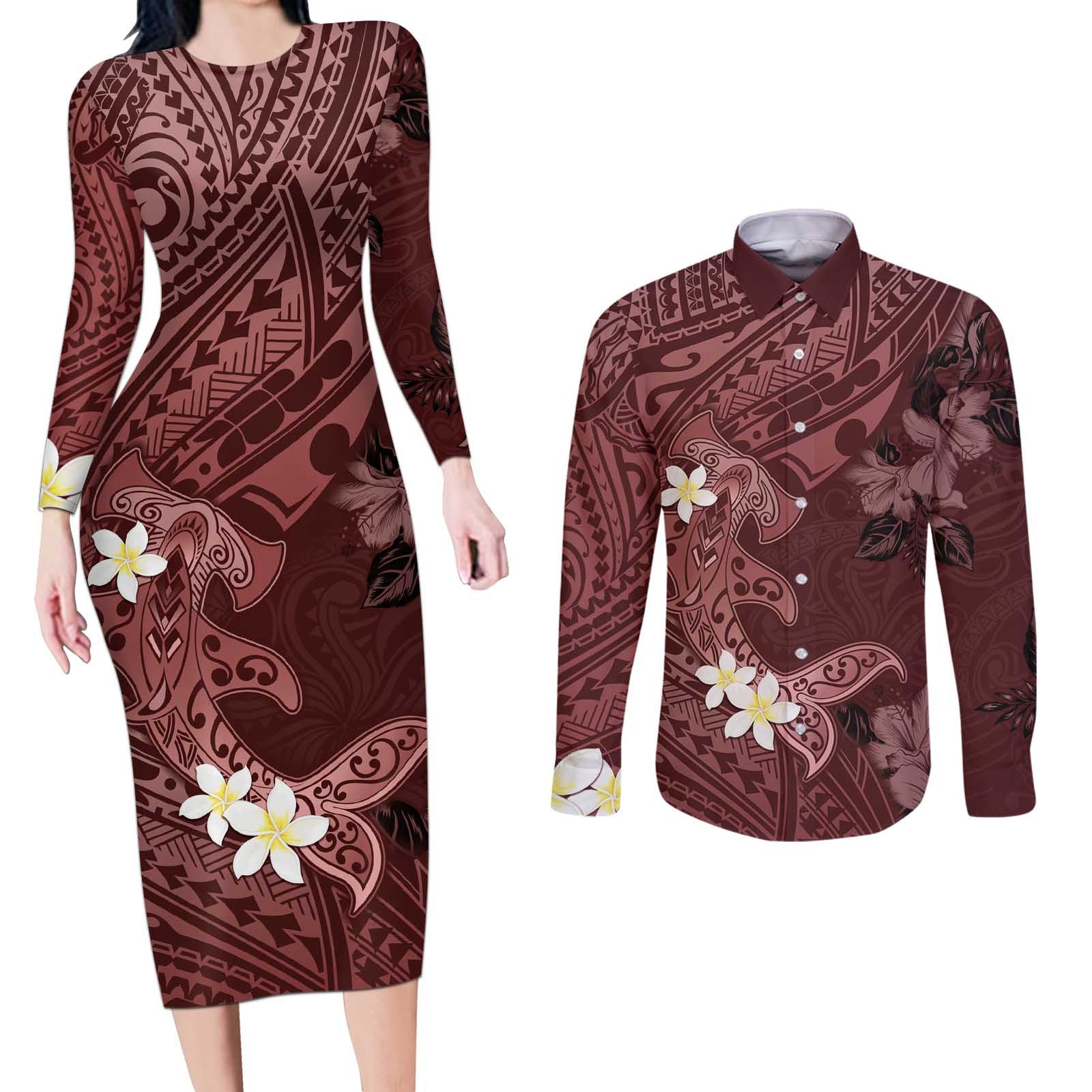 Polynesia Hammerhead Shark Couples Matching Long Sleeve Bodycon Dress and Long Sleeve Button Shirt Tropical Flowers Tribal Pattern Oxblood