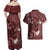 Polynesia Hammerhead Shark Couples Matching Off Shoulder Maxi Dress and Hawaiian Shirt Tropical Flowers Tribal Pattern Oxblood