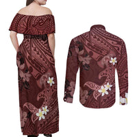 Polynesia Hammerhead Shark Couples Matching Off Shoulder Maxi Dress and Long Sleeve Button Shirt Tropical Flowers Tribal Pattern Oxblood