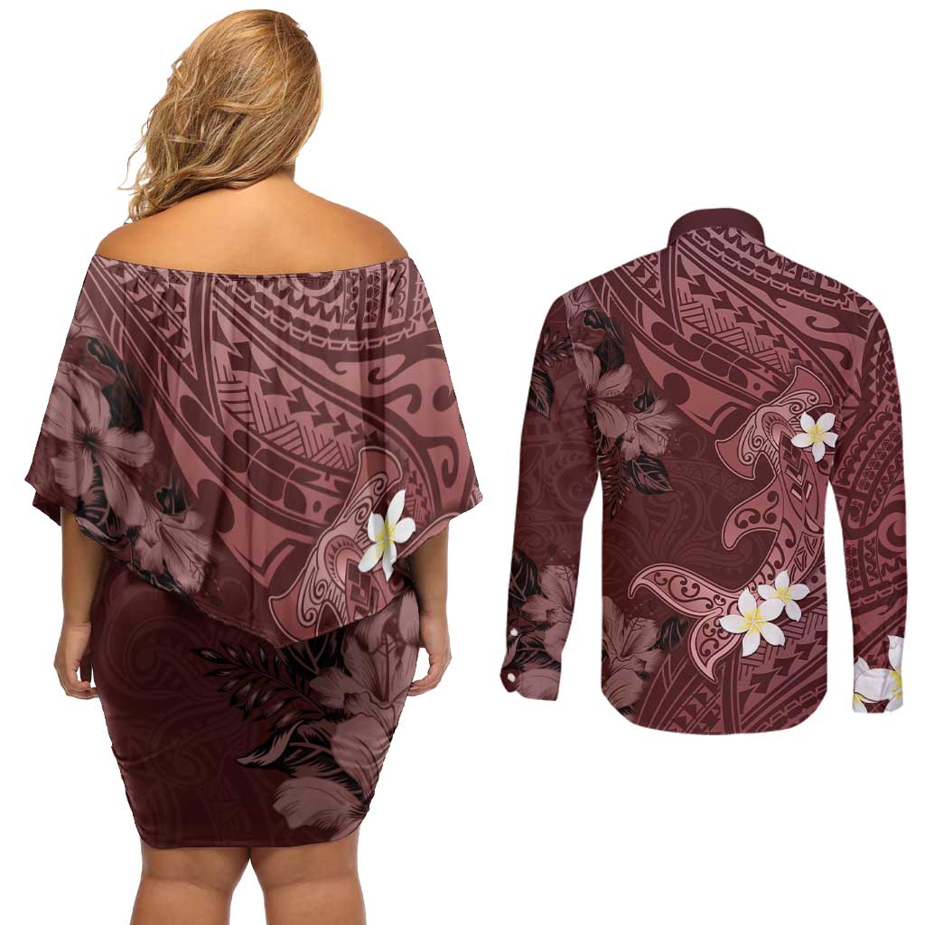 Polynesia Hammerhead Shark Couples Matching Off Shoulder Short Dress and Long Sleeve Button Shirt Tropical Flowers Tribal Pattern Oxblood