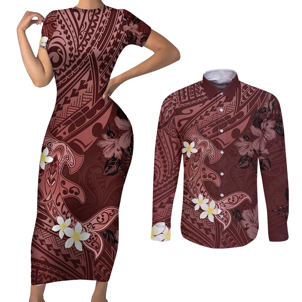 Polynesia Hammerhead Shark Couples Matching Short Sleeve Bodycon Dress and Long Sleeve Button Shirt Tropical Flowers Tribal Pattern Oxblood