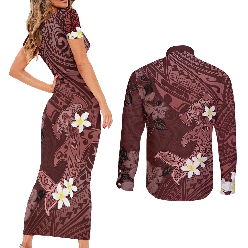 Polynesia Hammerhead Shark Couples Matching Short Sleeve Bodycon Dress and Long Sleeve Button Shirt Tropical Flowers Tribal Pattern Oxblood