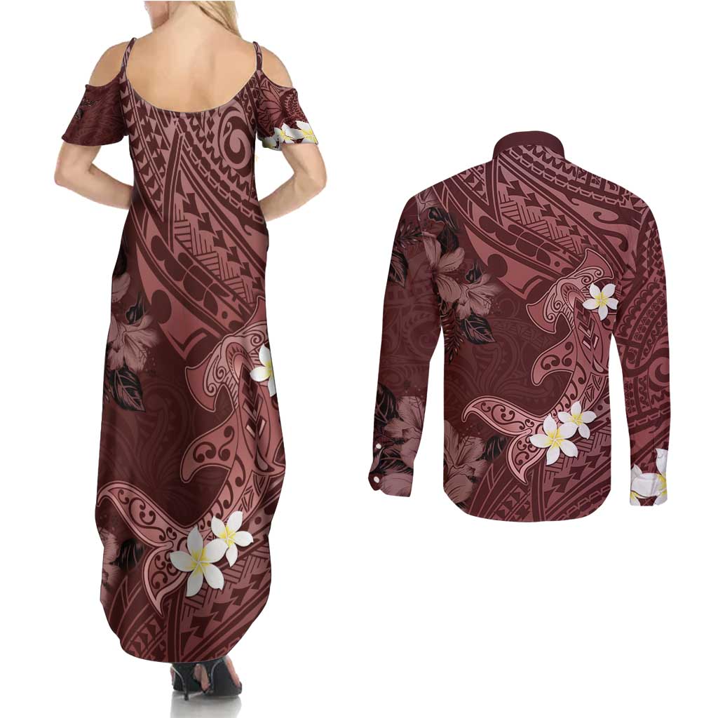 Polynesia Hammerhead Shark Couples Matching Summer Maxi Dress and Long Sleeve Button Shirt Tropical Flowers Tribal Pattern Oxblood