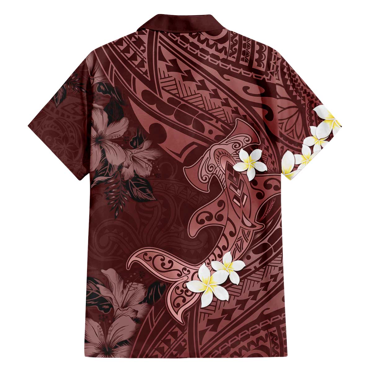 Polynesia Hammerhead Shark Family Matching Off The Shoulder Long Sleeve Dress and Hawaiian Shirt Tropical Flowers Tribal Pattern Oxblood