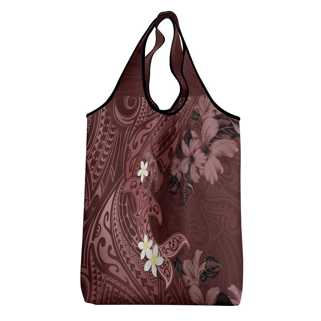 Polynesia Hammerhead Shark Grocery Bag Tropical Flowers Tribal Pattern Oxblood