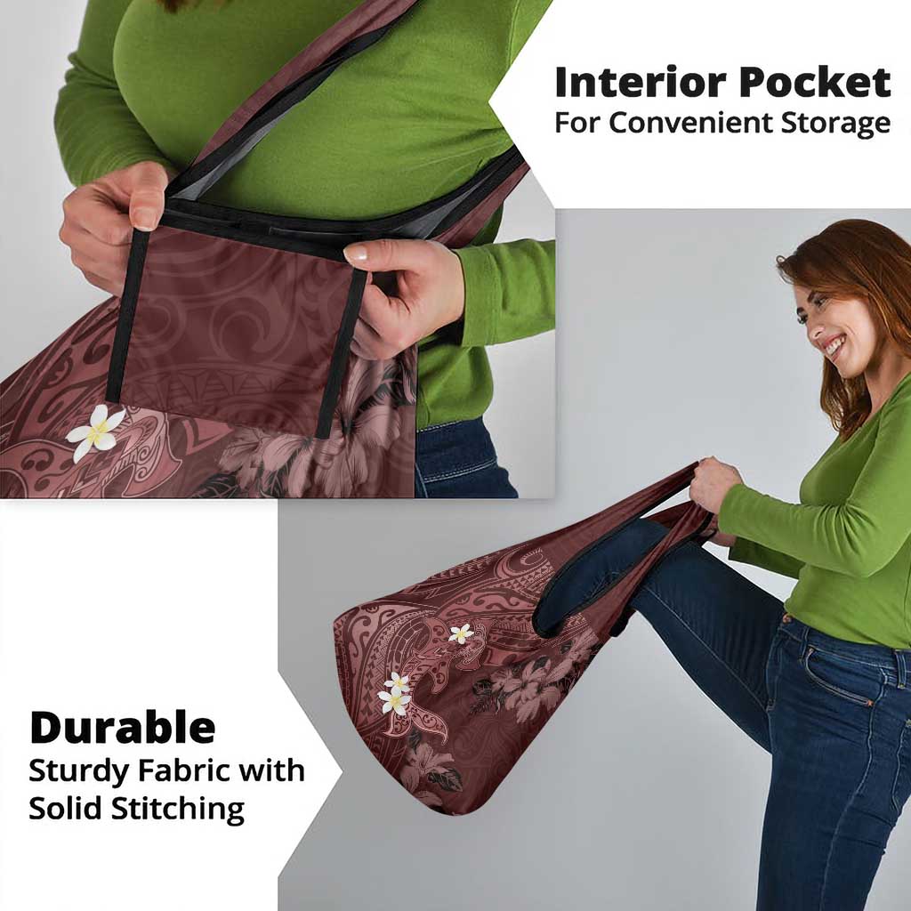 Polynesia Hammerhead Shark Grocery Bag Tropical Flowers Tribal Pattern Oxblood