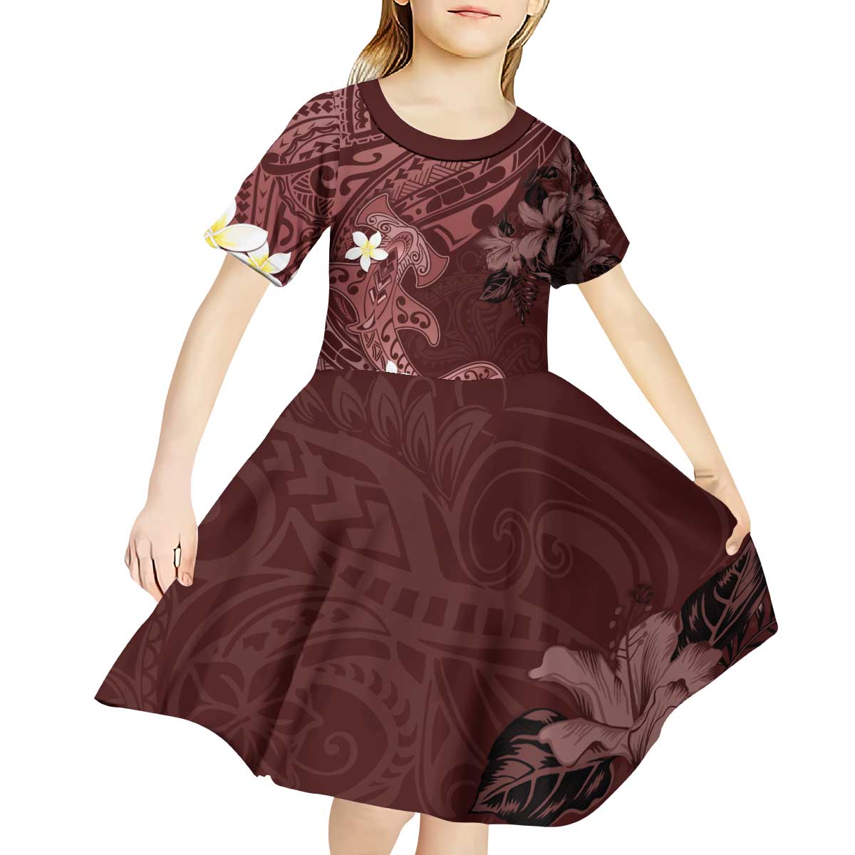 Polynesia Hammerhead Shark Kid Short Sleeve Dress Tropical Flowers Tribal Pattern Oxblood