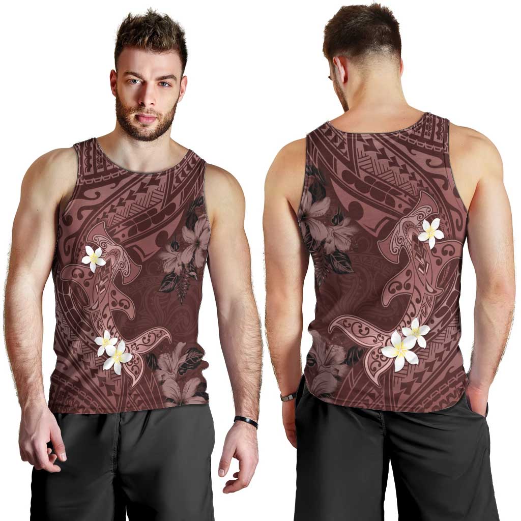 Polynesia Hammerhead Shark Men Tank Top Tropical Flowers Tribal Pattern Oxblood