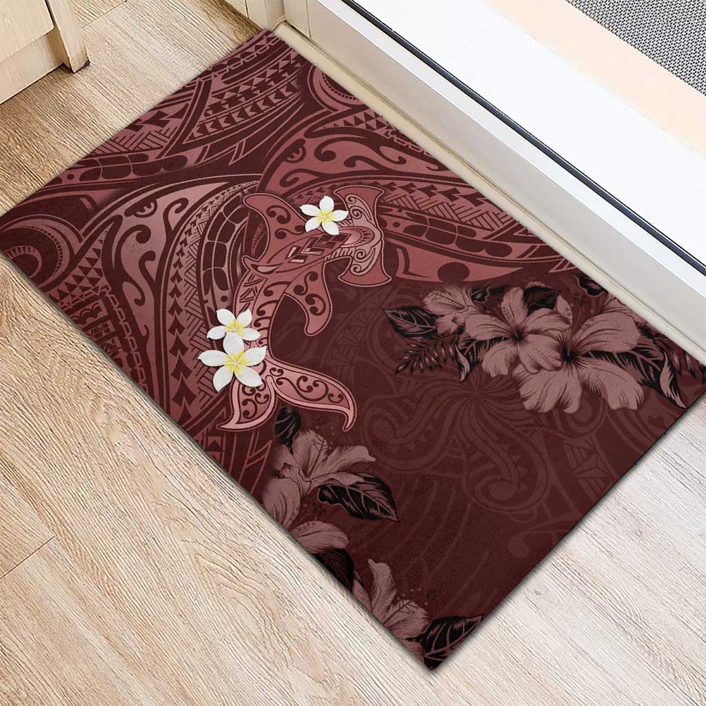 Polynesia Hammerhead Shark Rubber Doormat Tropical Flowers Tribal Pattern Oxblood