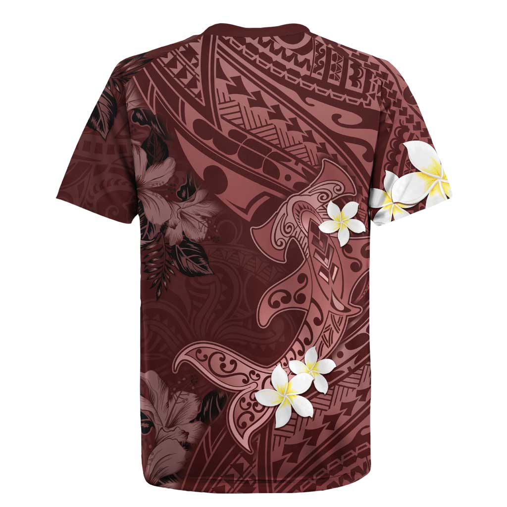 Polynesia Hammerhead Shark Rugby Jersey Tropical Flowers Tribal Pattern Oxblood