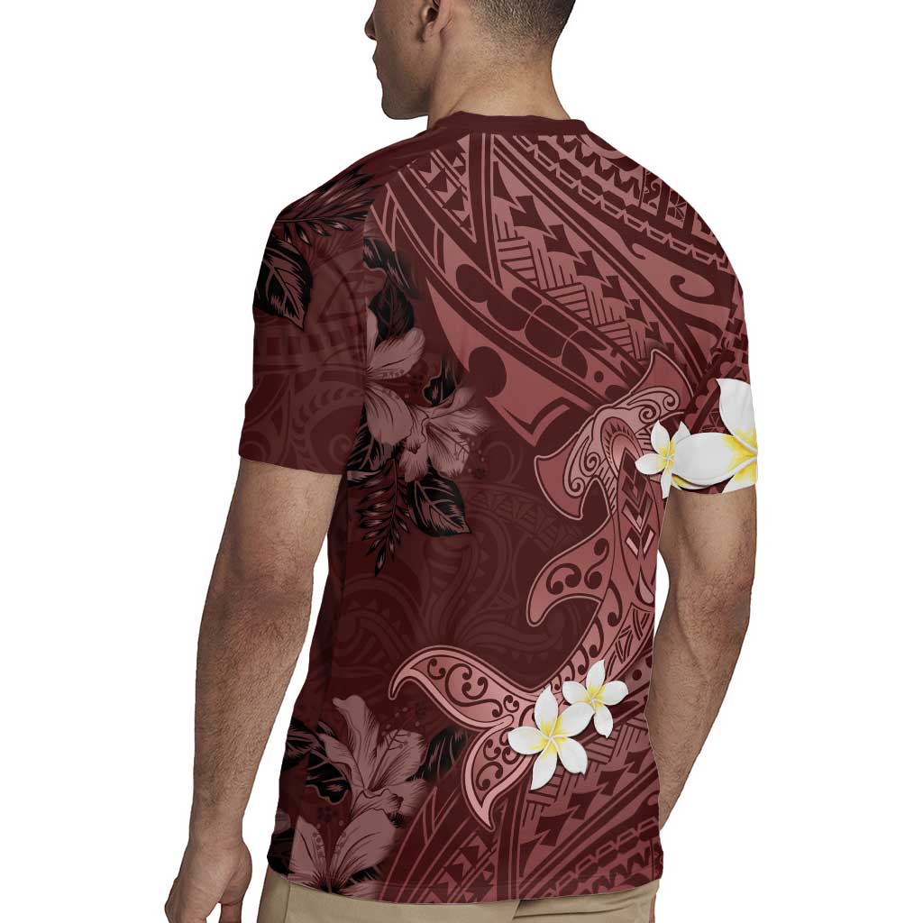 Polynesia Hammerhead Shark Rugby Jersey Tropical Flowers Tribal Pattern Oxblood