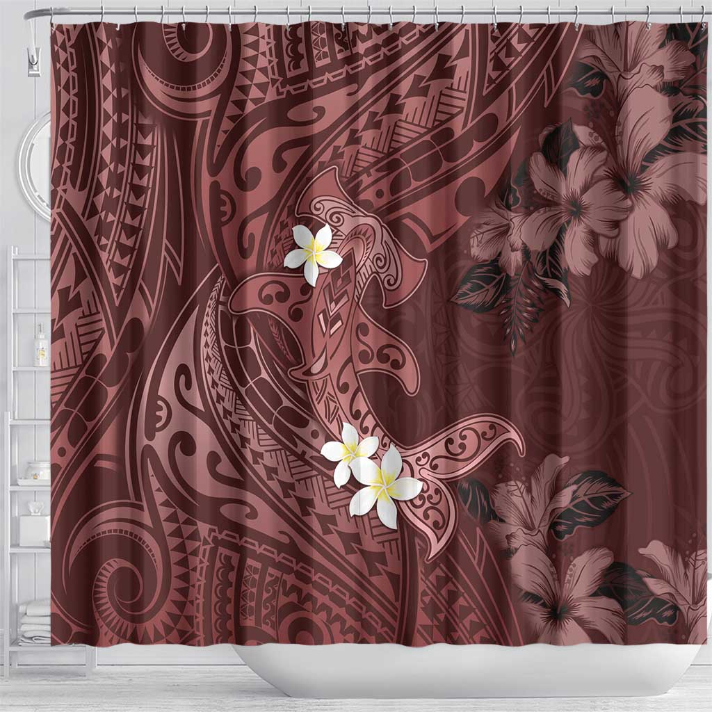 Polynesia Hammerhead Shark Shower Curtain Tropical Flowers Tribal Pattern Oxblood