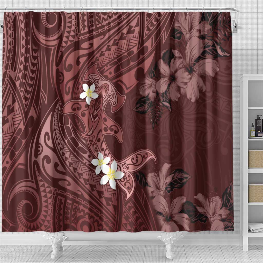 Polynesia Hammerhead Shark Shower Curtain Tropical Flowers Tribal Pattern Oxblood