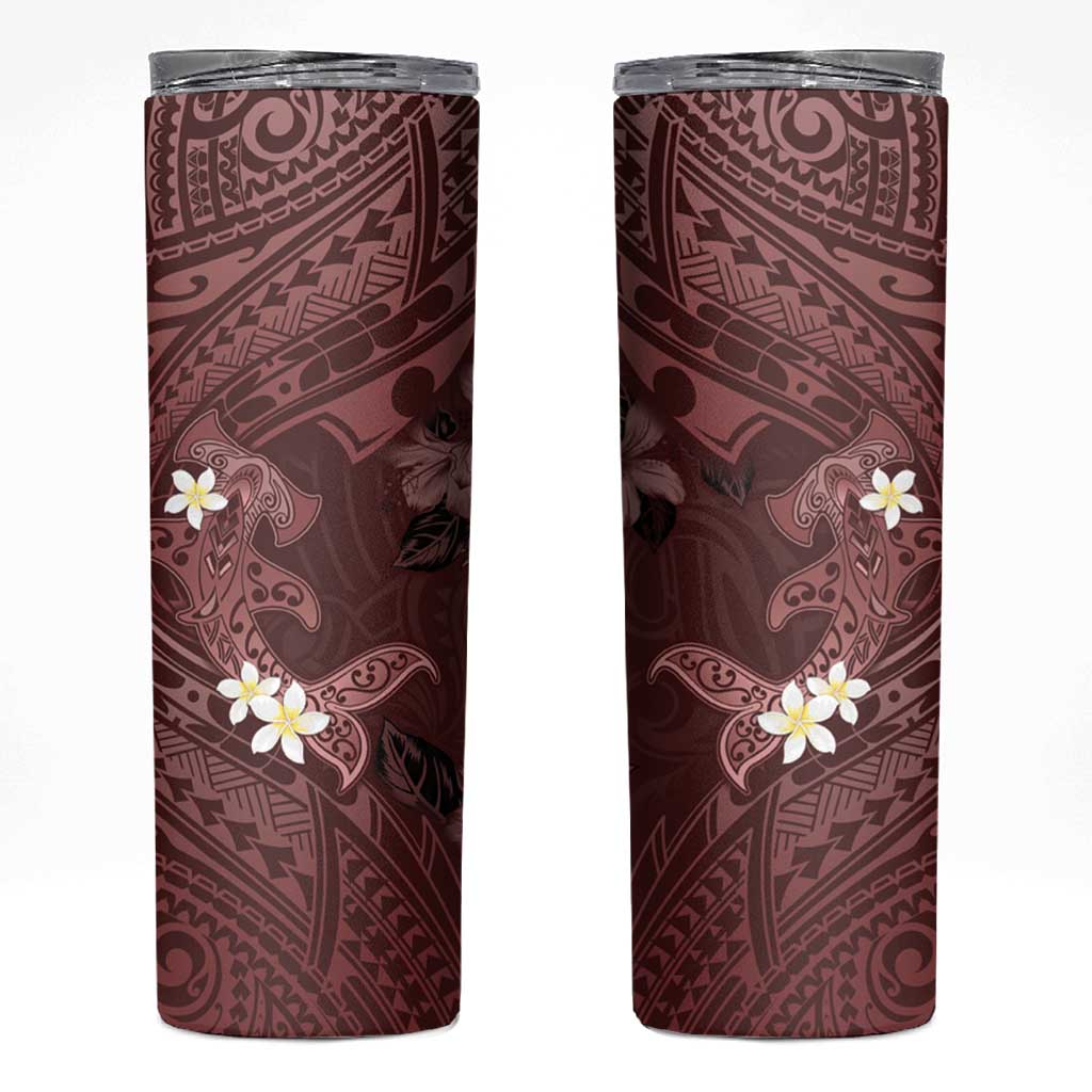 Polynesia Hammerhead Shark Skinny Tumbler Tropical Flowers Tribal Pattern Oxblood