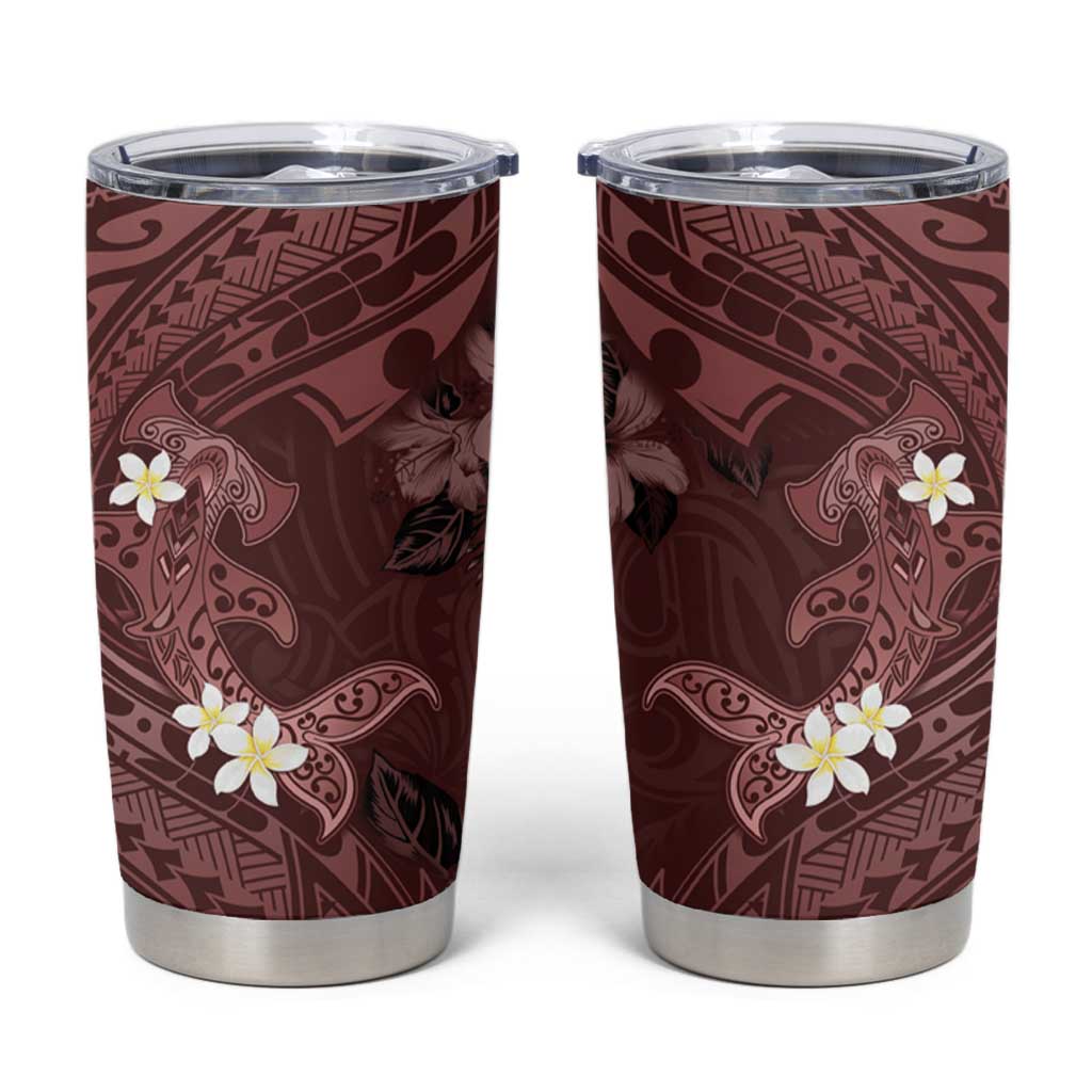 Polynesia Hammerhead Shark Tumbler Cup Tropical Flowers Tribal Pattern Oxblood