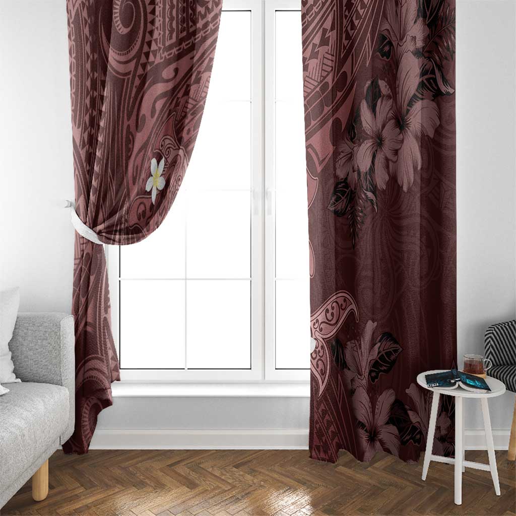 Polynesia Hammerhead Shark Window Curtain Tropical Flowers Tribal Pattern Oxblood