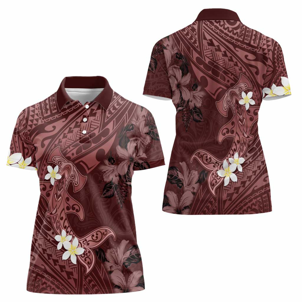 Polynesia Hammerhead Shark Women Polo Shirt Tropical Flowers Tribal Pattern Oxblood