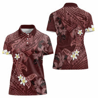 Polynesia Hammerhead Shark Women Polo Shirt Tropical Flowers Tribal Pattern Oxblood