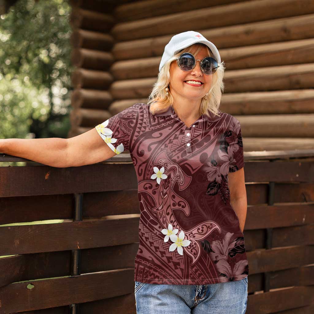 Polynesia Hammerhead Shark Women Polo Shirt Tropical Flowers Tribal Pattern Oxblood