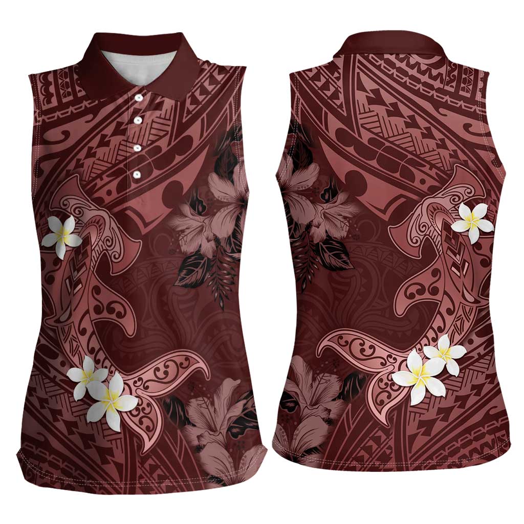 Polynesia Hammerhead Shark Women Sleeveless Polo Shirt Tropical Flowers Tribal Pattern Oxblood