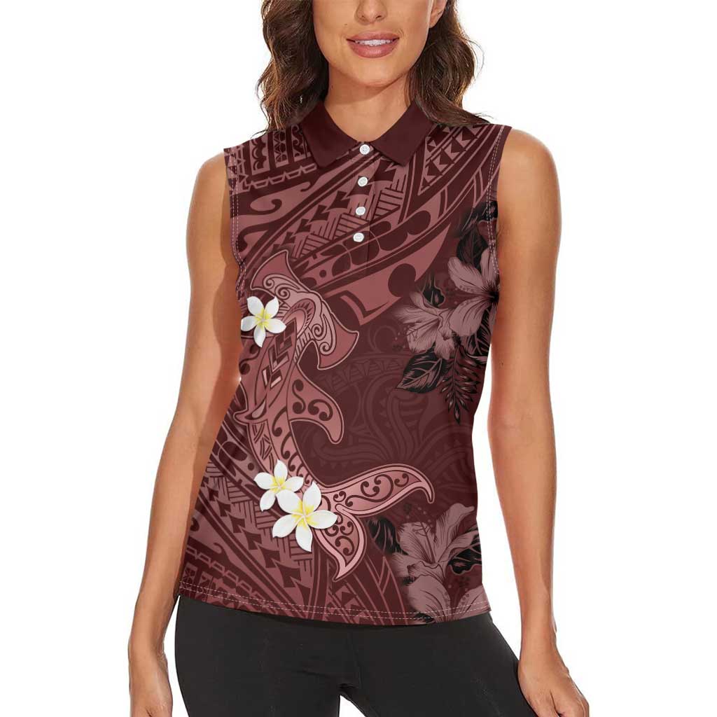 Polynesia Hammerhead Shark Women Sleeveless Polo Shirt Tropical Flowers Tribal Pattern Oxblood