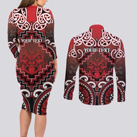 Personalised New Zealand Aotearoa Couples Matching Long Sleeve Bodycon Dress and Long Sleeve Button Shirt Te Reo Maori Ake Ake Ake LT05 - Polynesian Pride