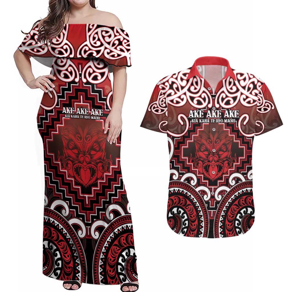 Personalised New Zealand Aotearoa Couples Matching Off Shoulder Maxi Dress and Hawaiian Shirt Te Reo Maori Ake Ake Ake - Polynesian Pride