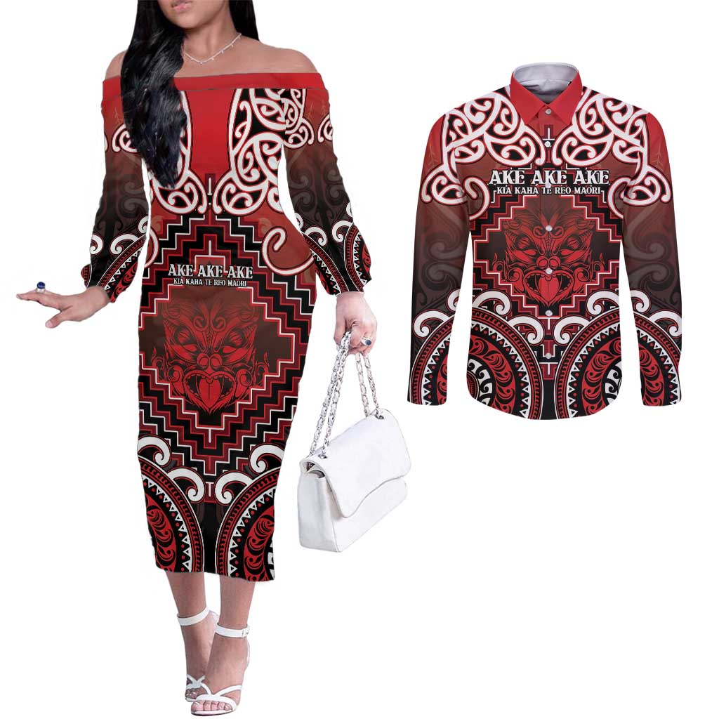 Personalised New Zealand Aotearoa Couples Matching Off The Shoulder Long Sleeve Dress and Long Sleeve Button Shirt Te Reo Maori Ake Ake Ake LT05 Red - Polynesian Pride