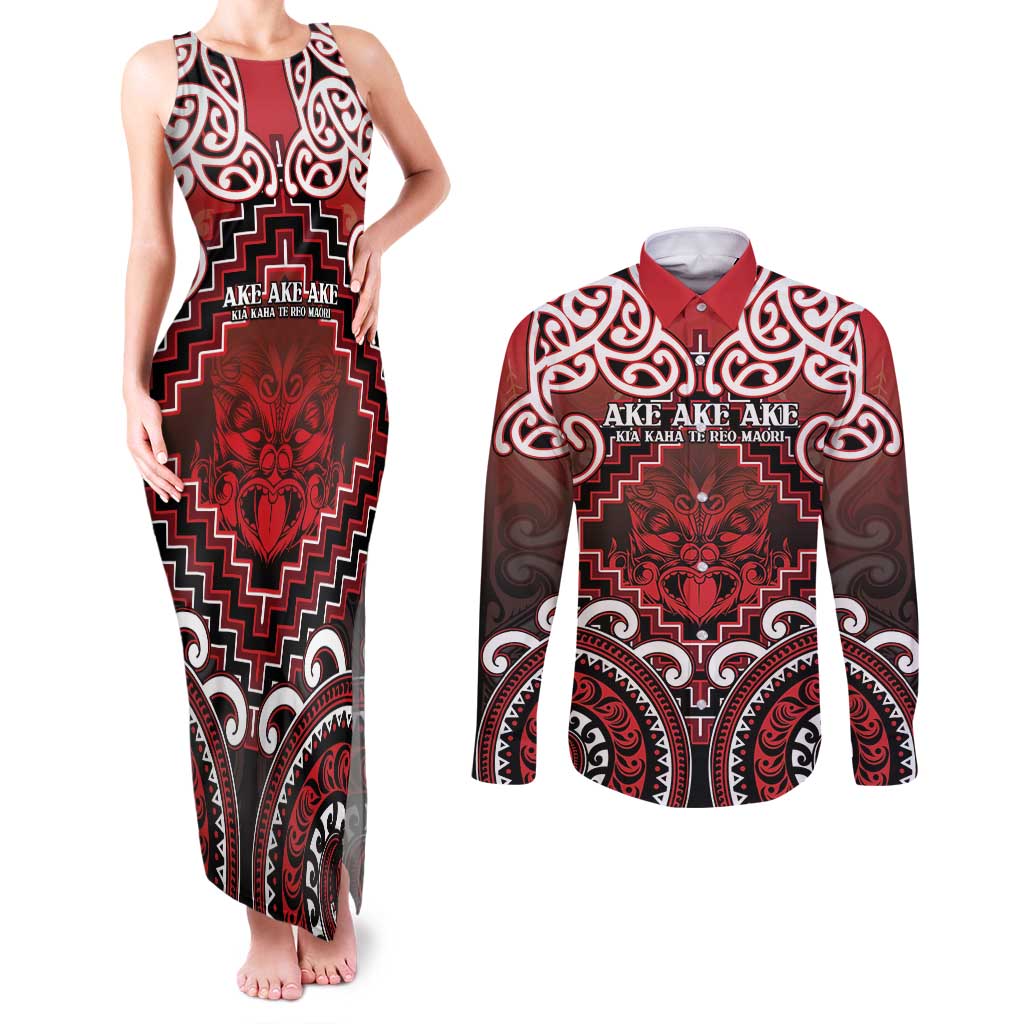 Personalised New Zealand Aotearoa Couples Matching Tank Maxi Dress and Long Sleeve Button Shirt Te Reo Maori Ake Ake Ake LT05 Red - Polynesian Pride