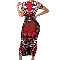 Personalised New Zealand Aotearoa Family Matching Short Sleeve Bodycon Dress and Hawaiian Shirt Te Reo Maori Ake Ake Ake LT05 Mom's Dress Red - Polynesian Pride