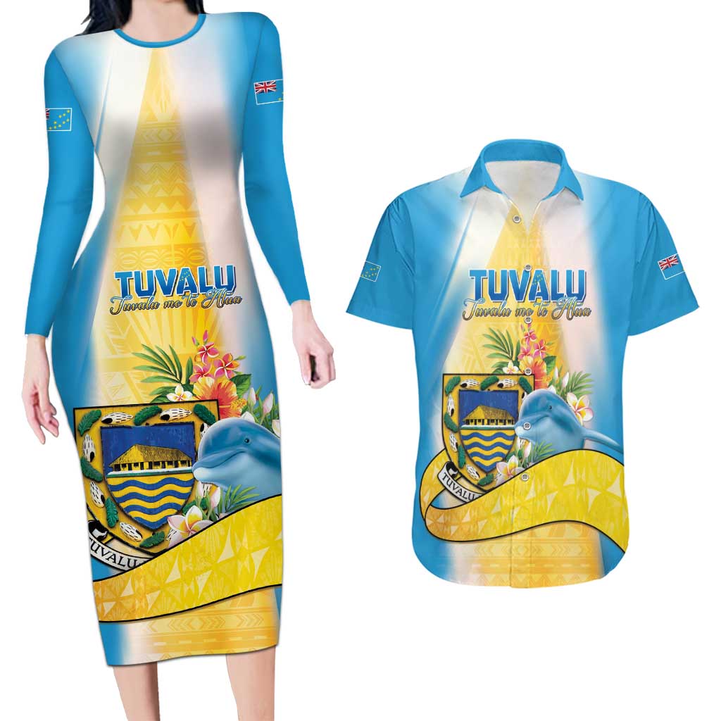 Personalised Tuvalu Independence Day Couples Matching Long Sleeve Bodycon Dress and Hawaiian Shirt Tuvalu Mo Te Atua - Polynesian Pride