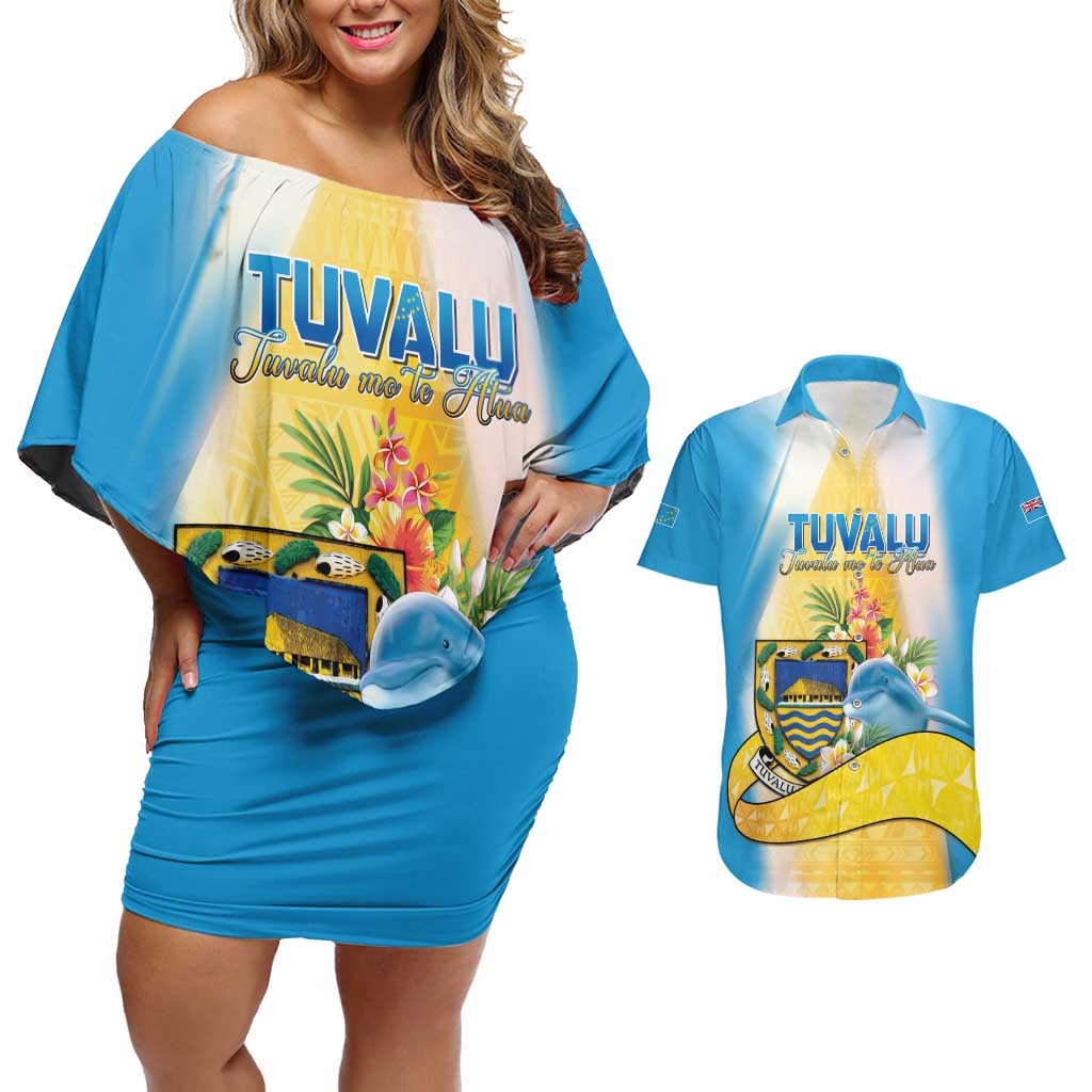 Personalised Tuvalu Independence Day Couples Matching Off Shoulder Short Dress and Hawaiian Shirt Tuvalu Mo Te Atua - Polynesian Pride