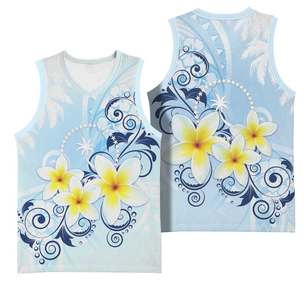 FSM Chuuk Constitution Day Basketball Jersey Polynesian Curves Plumeria - Polynesian Pride