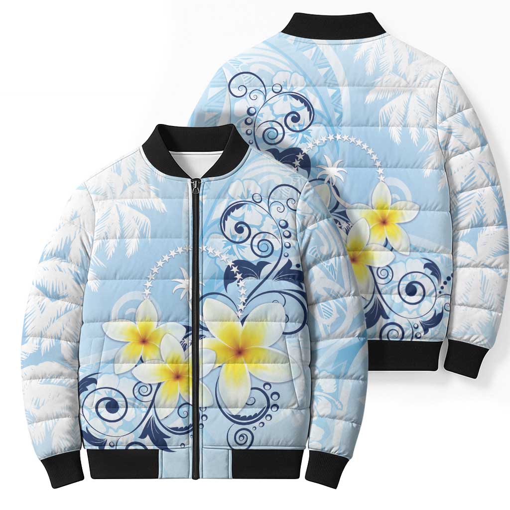 FSM Chuuk Constitution Day Bomber Puffer Jacket Polynesian Curves Plumeria - Polynesian Pride