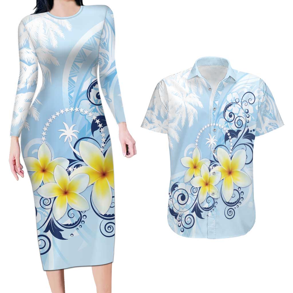 FSM Chuuk Constitution Day Couples Matching Long Sleeve Bodycon Dress and Hawaiian Shirt Polynesian Curves Plumeria LT05 Blue - Polynesian Pride