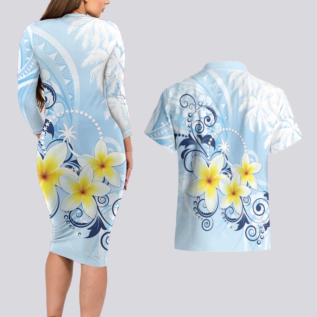 FSM Chuuk Constitution Day Couples Matching Long Sleeve Bodycon Dress and Hawaiian Shirt Polynesian Curves Plumeria LT05 - Polynesian Pride