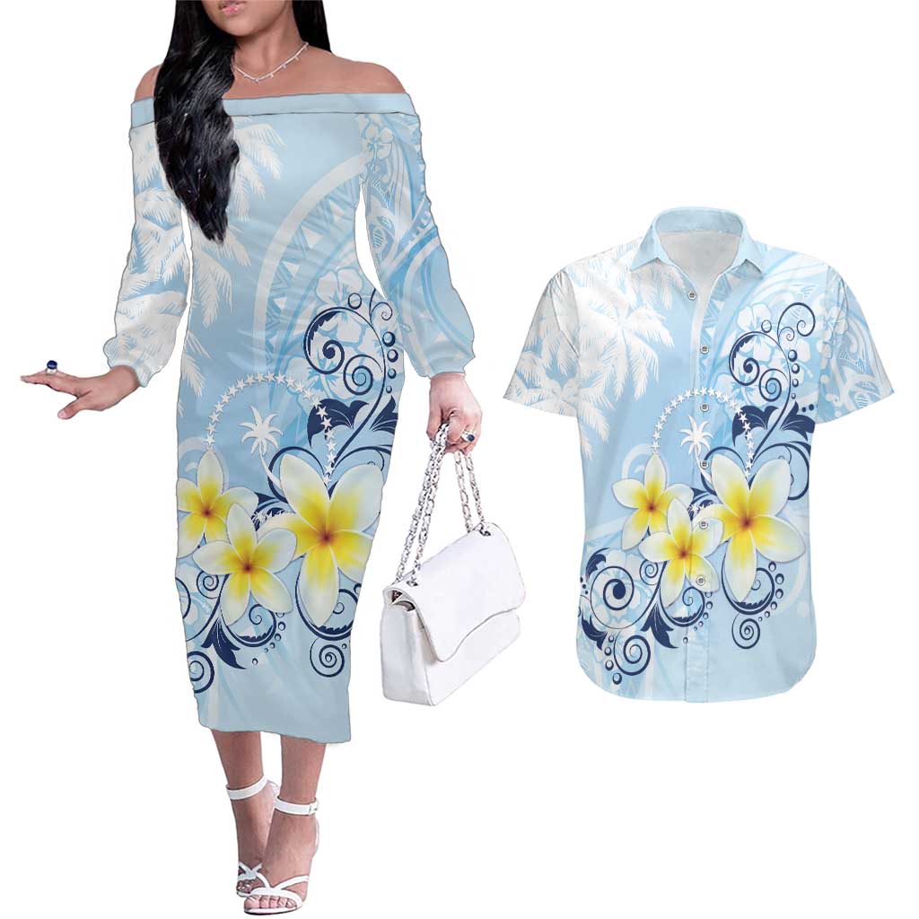 FSM Chuuk Constitution Day Couples Matching Off The Shoulder Long Sleeve Dress and Hawaiian Shirt Polynesian Curves Plumeria - Polynesian Pride