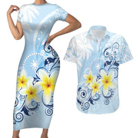 FSM Chuuk Constitution Day Couples Matching Short Sleeve Bodycon Dress and Hawaiian Shirt Polynesian Curves Plumeria LT05 Blue - Polynesian Pride